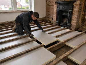 floor insulation grants 2026 installer fitting insulation between joists in UK home